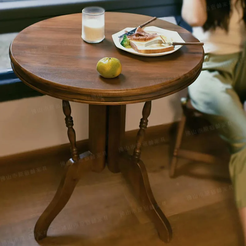 

Retro old carved all solid wood dining table round medieval western restaurant chair side