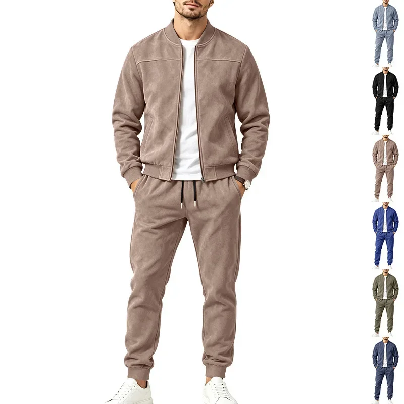 Men's Spring and Autumn Suede-like Sports Two-piece Sets Pilot Jacket with Full Zipper Drawstring Casual Pants Outerwear Set Men