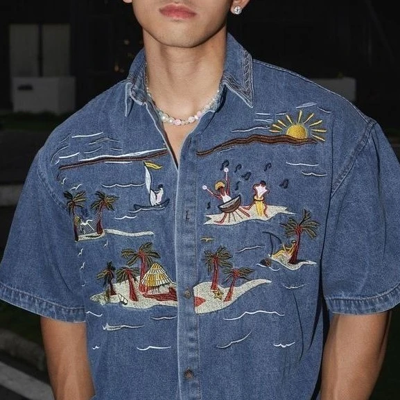 Summer New Embroidered Denim Short-sleeved Shirt Shirt Loose American Retro Street Style T-shirt