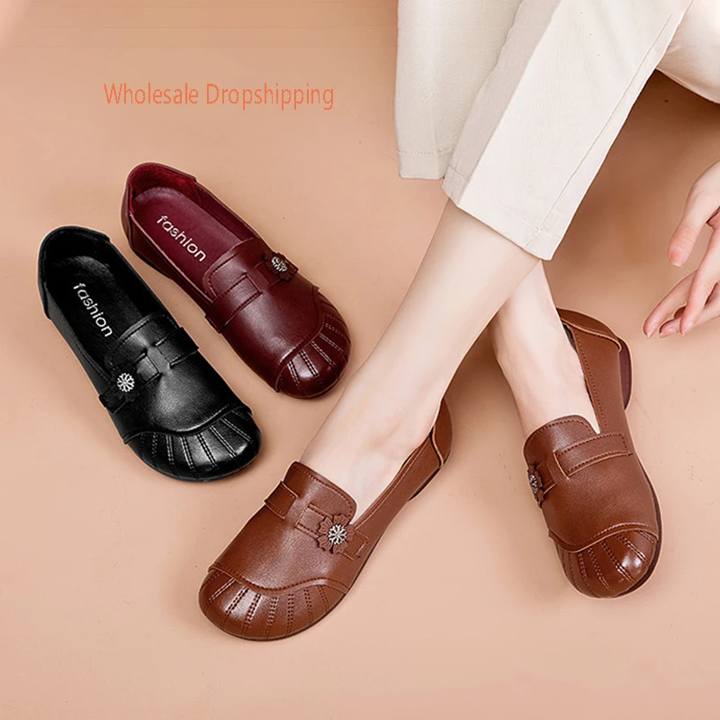 Women's Shoes Women Genuine Leather Soft Soled Single Shoes Comfortable Flat Soled Tendon Shoes Middle-aged and Elderly Leather