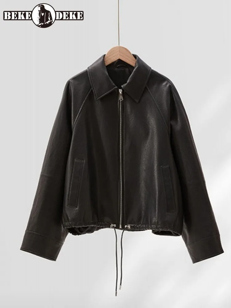 Krótka kurtka damska z prawdziwej skóry owczej, jednolita, z klapami, wysokiej jakości, luźna, zapinana na zamek, ręcznie robiona odzież wierzchnia.