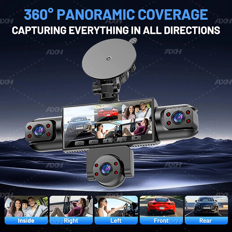 AXH 360° Panoramic 4/5 Lens Dash Cam, Featuring 1080P Front-Facing and 720P All-Round Coverage, Five-Screen Simultaneous Display