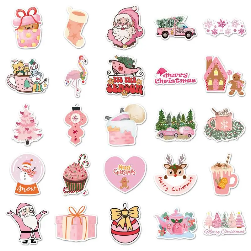 Stiker dekoratif untuk Natal 50X, stiker decal tema Natal Pink, stiker botol air Natal tahan air