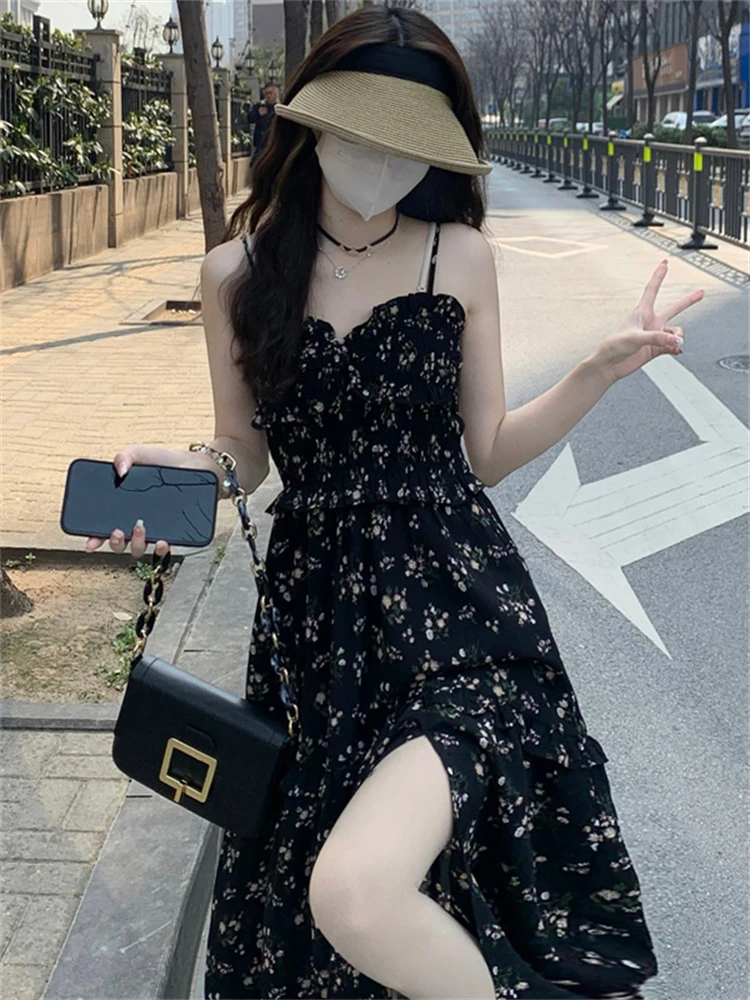 Bla Floral a-ligne ter Dr femmes printemps été automne taille haute minceur fendu Ele longue Dr jupe Midi