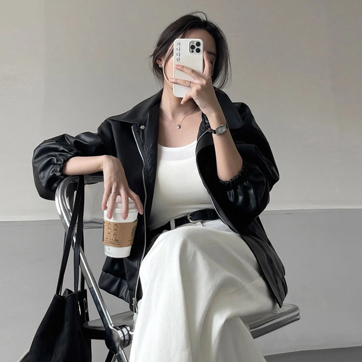 Ropa Retro de gama alta de cuero PU con cremallera para motocicleta, abrigo superior holgado para mujer, novedad de otoño