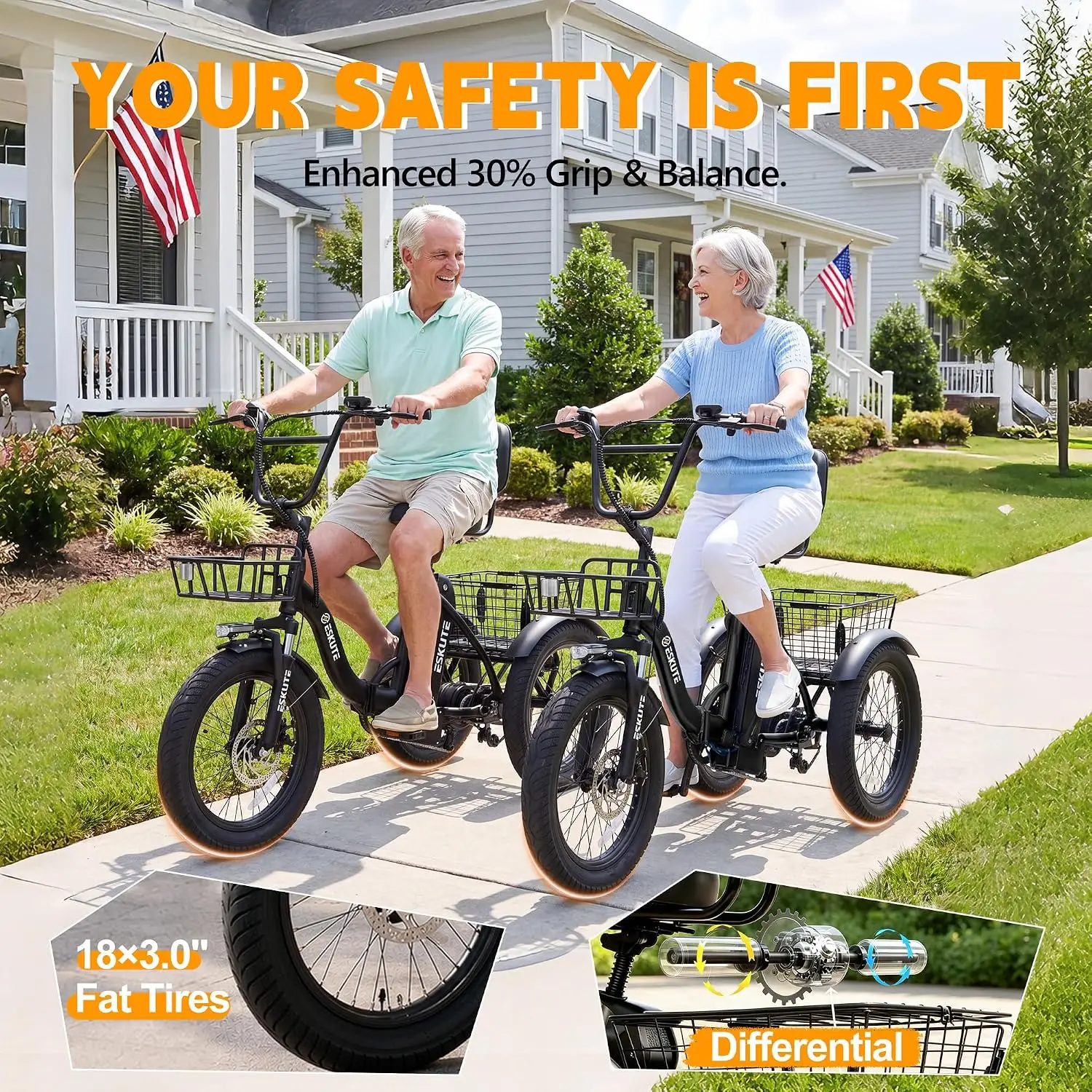T300 Electric Tricycle for Adults, Peak 1200W Motor Folding E-Trike, 48V 13Ah Battery, 18" x 3.0" Fat Tire 3-Wheel, Customized - view 3