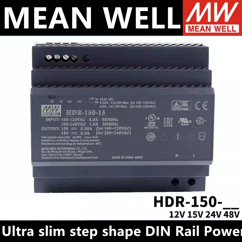 

MEAN WELL HDR-150-12 HDR-150-24 85-264VAC to DC Meanwell Ultra slim step shape DIN Rail Power Supply HDR-150-15 HDR-150-48 24V48