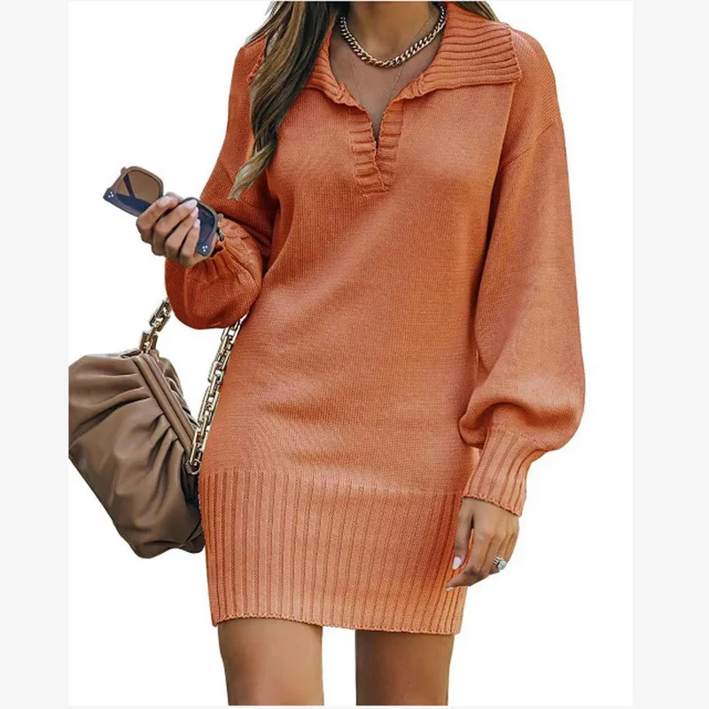 European and American Style Women Sweater Mid-Length Sweater Skirt Lapel Sleeve Knitted Solid Color Long Dress Direct Sa