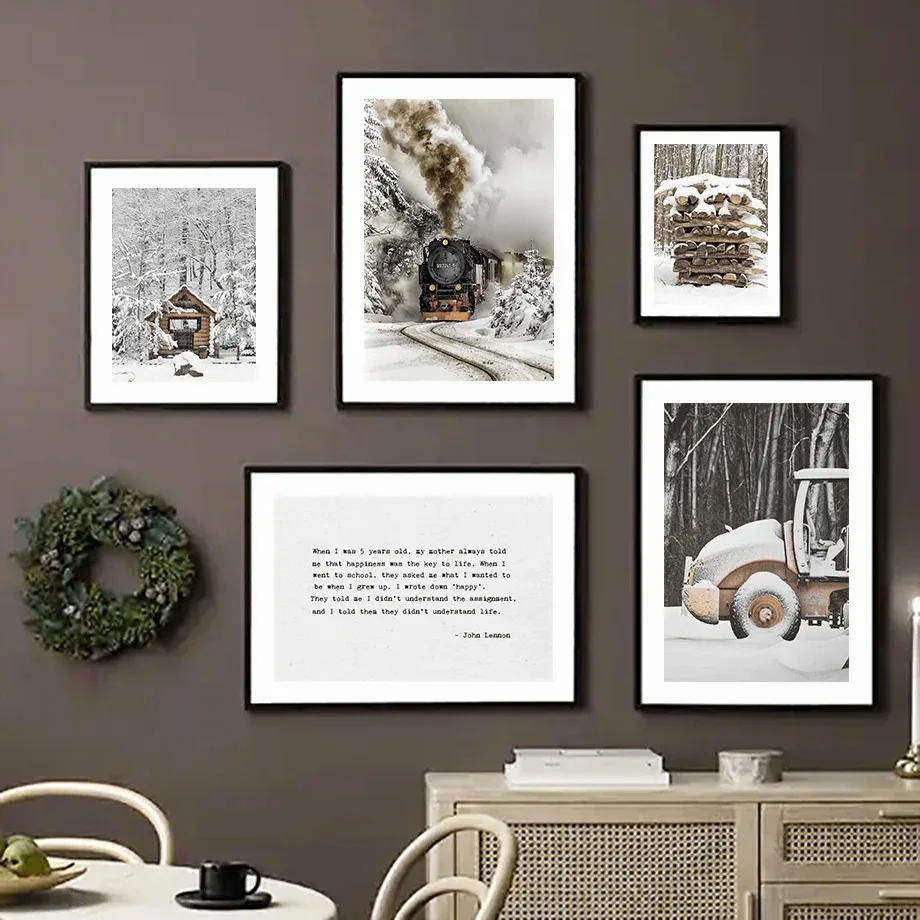 Pine Tree Forest Snow Train Deer Grass Pinecone Posters Prints Canvas Painting Nordic Wall Art Pictures For Living Room Decor