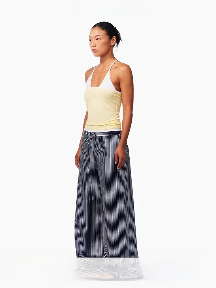 

Age of Ascent Summer New Stripe Texture Casual Pants Women's Design Sense Straight Leg Loose Fit Trousers Polyester Blend