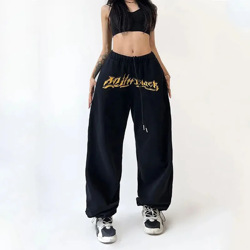 

Gothic Letter Print Black Joggers Sweatpants Women Oversized Y2K Streetwear Punk Straight Wide Leg Sports Pants Kpop Hippie