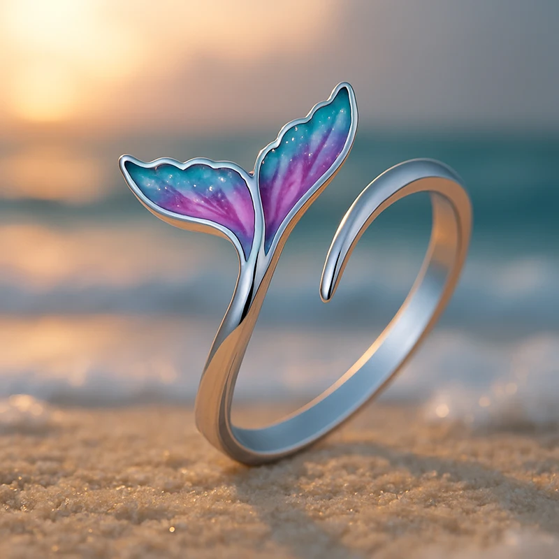 Huitan Meerjungfrauenschwanz-Ring, offen, verstellbar, für Damen, Farbverlauf Rosa-Blau, Emaille, Ozean, Strandurlaub, Silberfarben, Statement-Schmuck