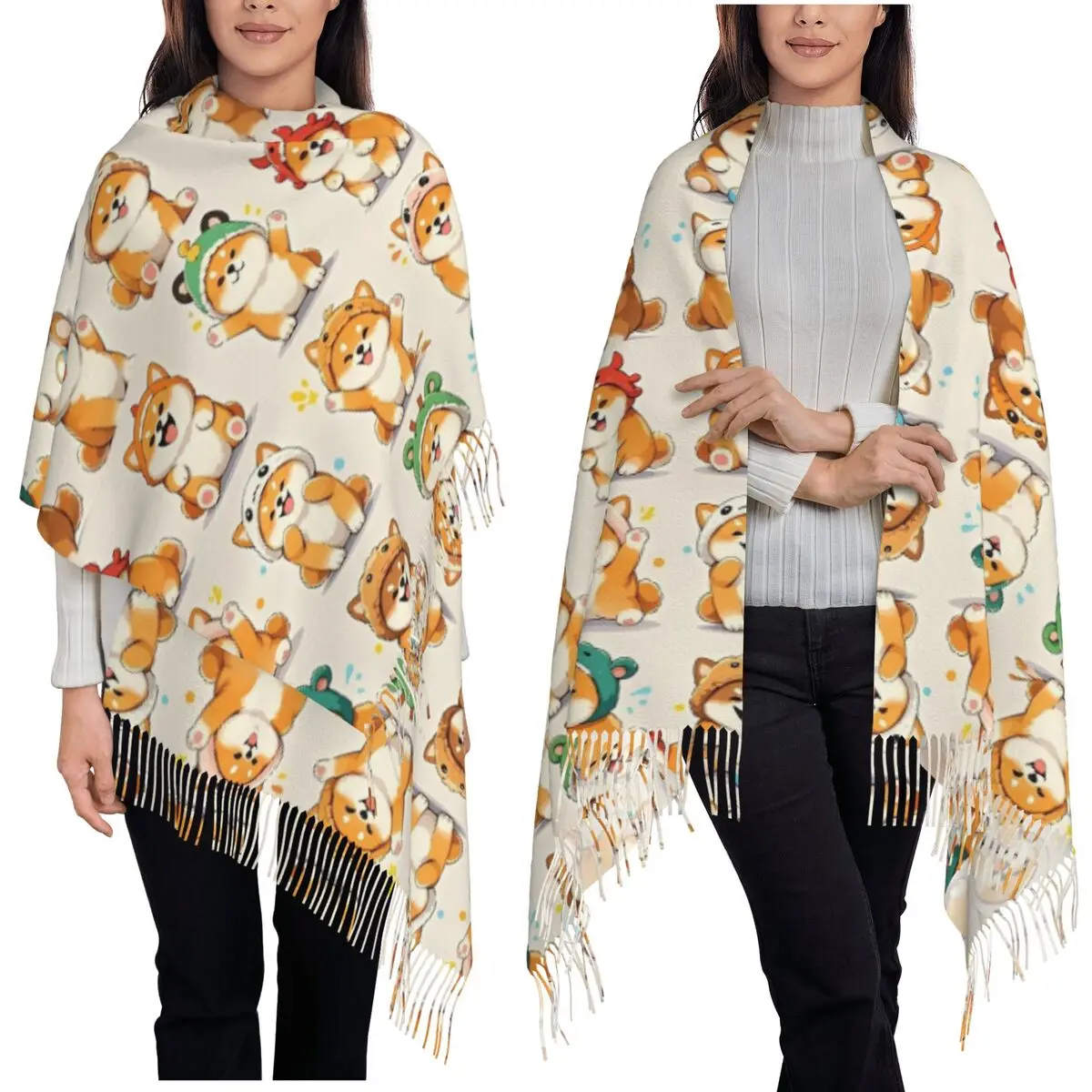 Cartoon Shiba Inu Print Scarf Tassel Scarves Women Soft Warm Shawls and Wraps Large Fall Winter Shawl Wrap