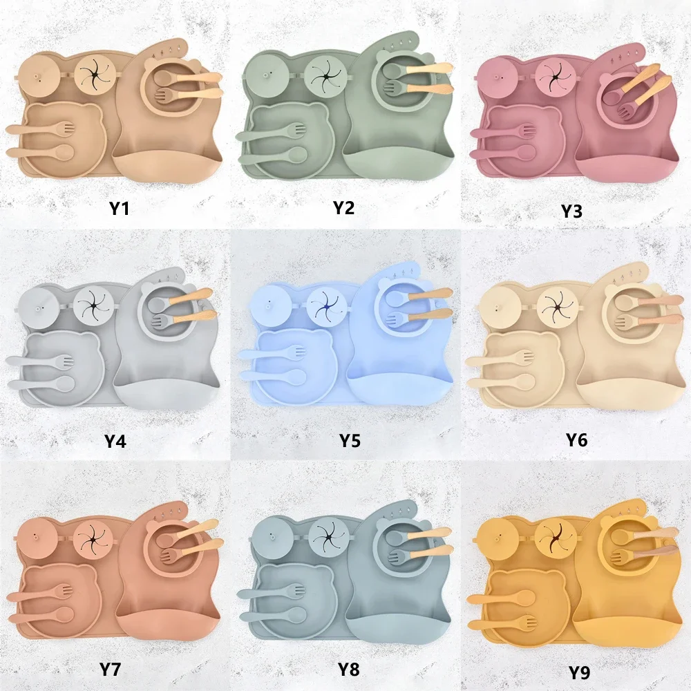 Trend Feeding Supplies Silicone Tableware Set Baby Bib Dinner Mat Suction Cup Baby Weaning Set