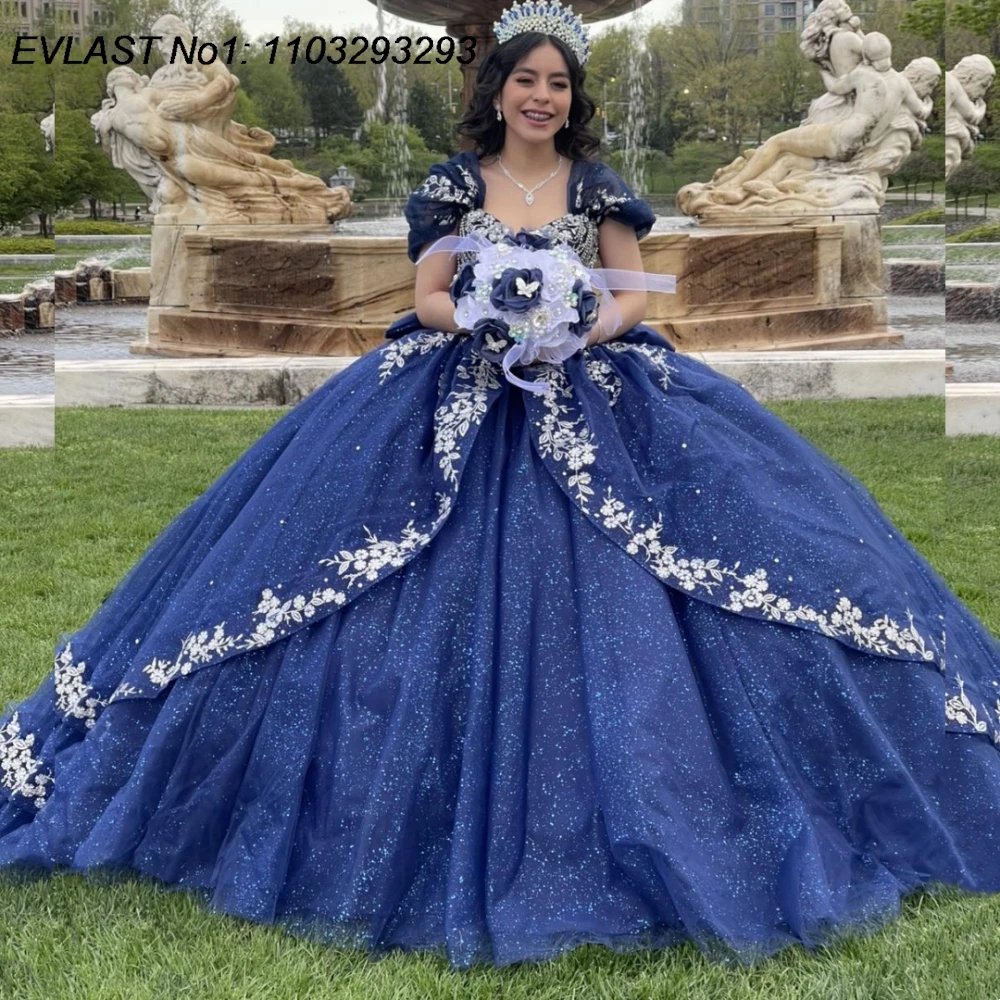 

EVLAST индивидуальное темно-синее бальное платье Quinceanera, белое кружевное платье с аппликацией и бисером, многоуровневое сладкое платье 16, Vestidos De 15 Anos E1Q934
