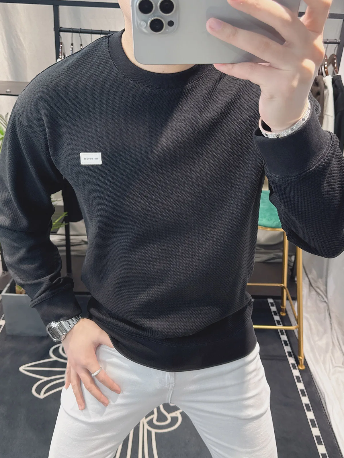 

Модная мужская толстовка с круглым вырезом и длинными рукавами, базовый слой, простой дизайн, весна-осень, высококачественная ткань из смеси хлопка и полиэстера, молодежная.