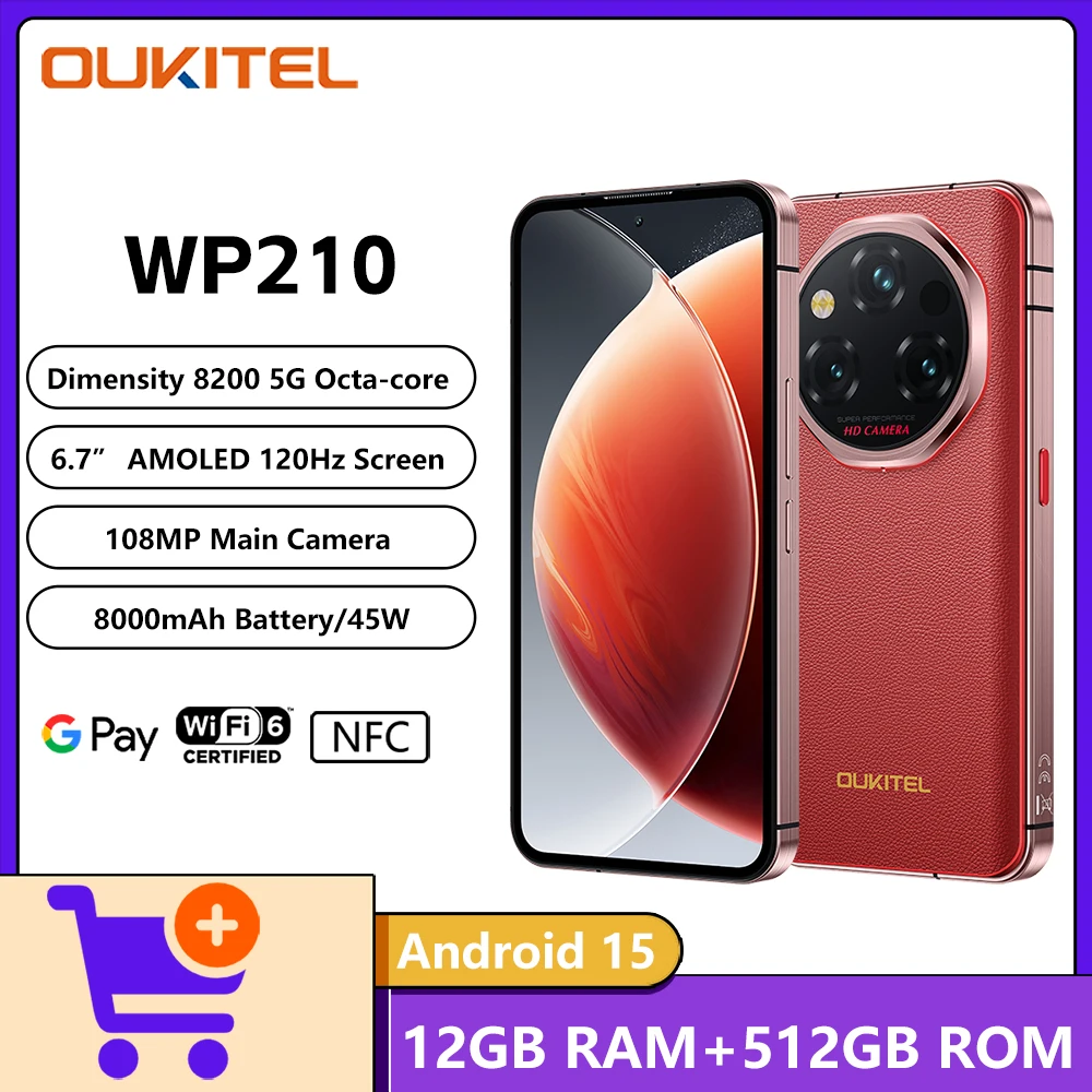 Прочный телефон OUKITEL WP210 5G, размер 8200, 5G, 36 ГБ + 512 ГБ, 8800 мАч, аккумулятор, 45 Вт, 6,7 дюйма, FHD + AMOLED, 120 Гц, 108 МП, Android15, смартфон