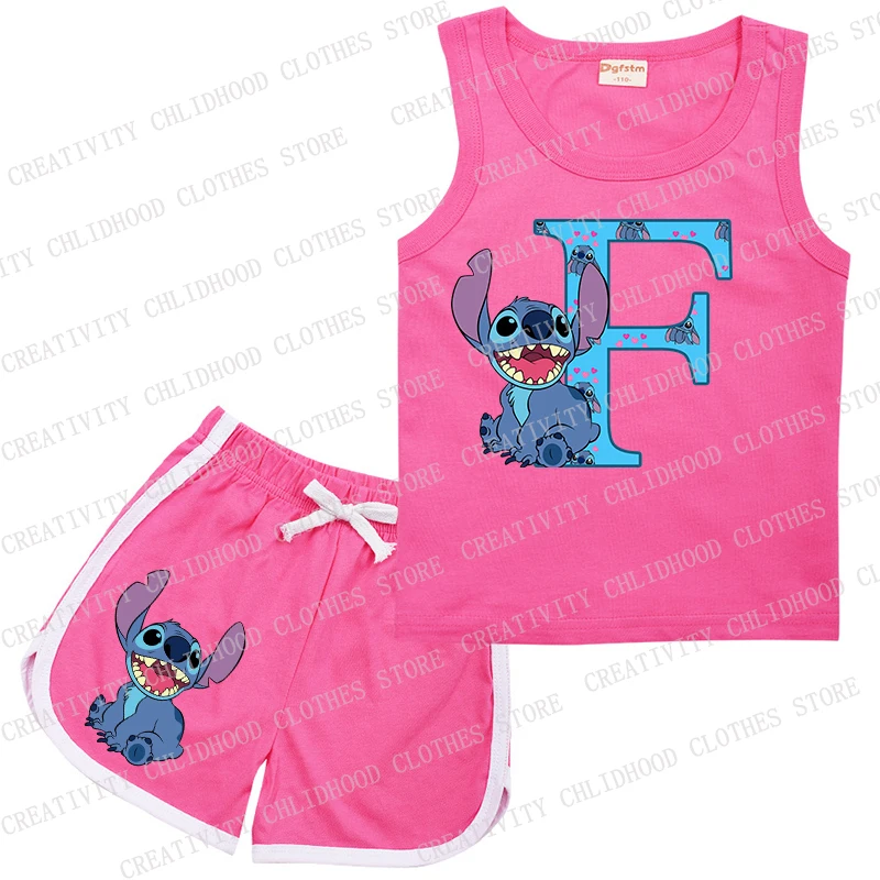 Bambini Stitch Letter A -Z Suit Sports Rose Clothes Casual Disney senza maniche Girl Boy Vest & Shorts 2 pezzi set abbigliamento estivo per bambini