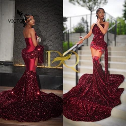 Burgundy Velvet Sequin Rhinestones Sweetheat Mermaid Prom Dress Blackgirl 2024 Luxious Wedding Party Guest Gown Customized