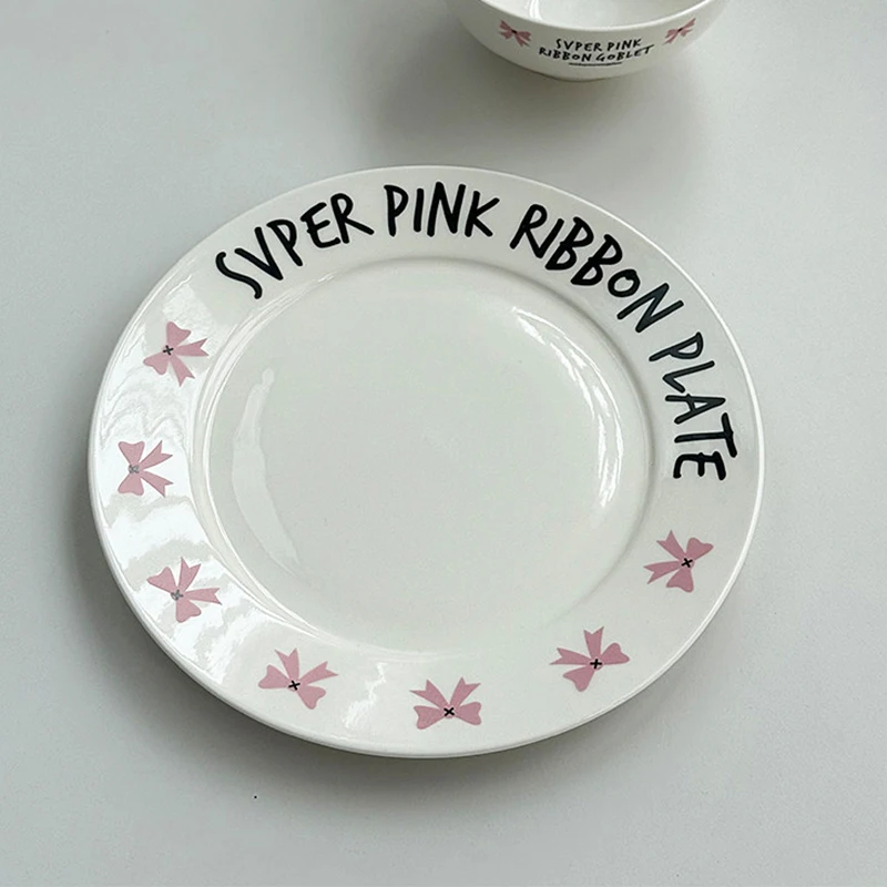 

Pink Bow Ceramic Plates New Household 8 Inch Korean Style Creative Cake Dessert Dishes Letter Exquisite Round Dinner Tableware
