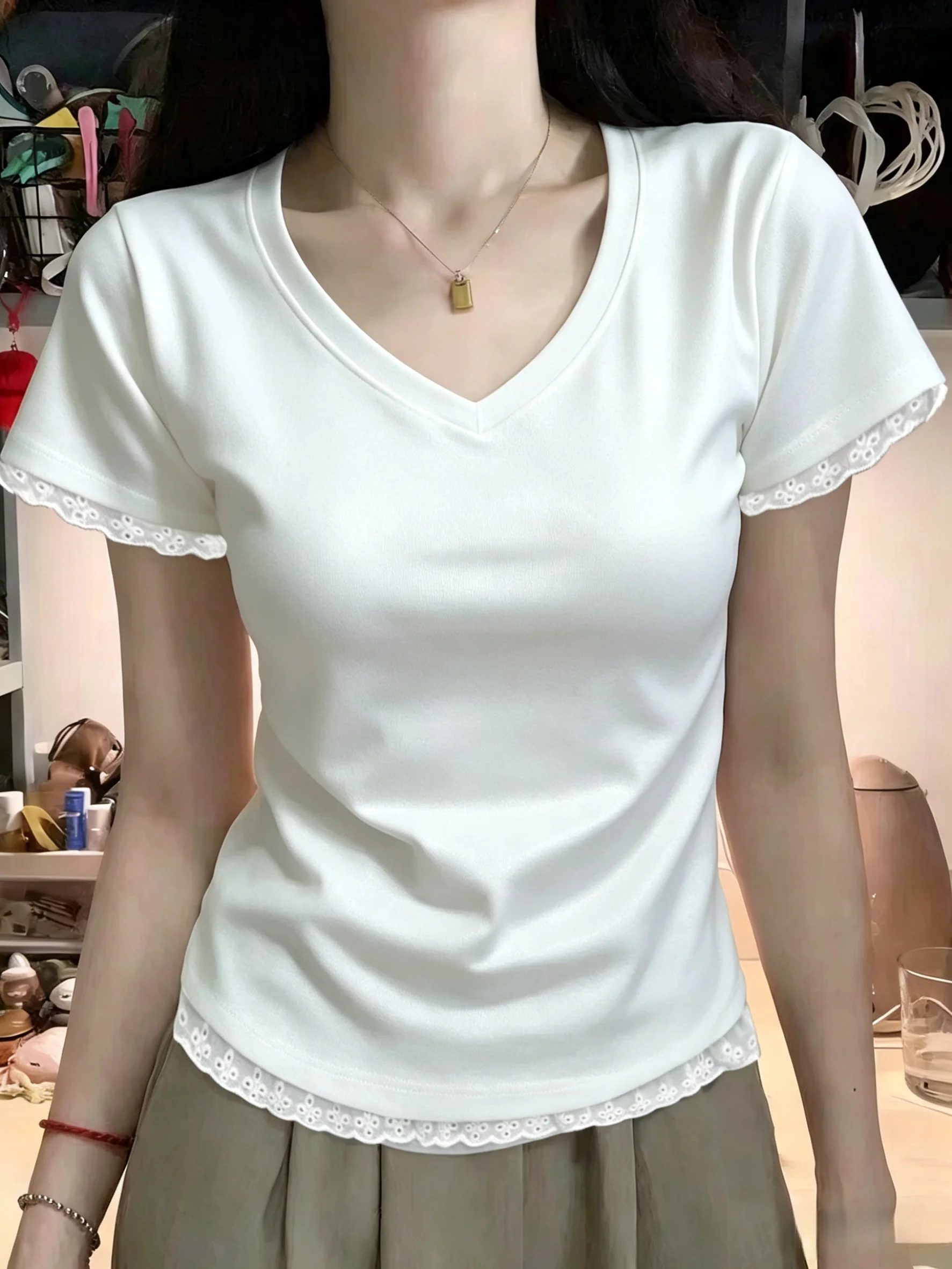 Slim Fit V-Neck Short Sleeve T-Shirt 95 Cotton Summer New Style plus Size Women's Regular Shoulder Top Lace Trim T-Shirt