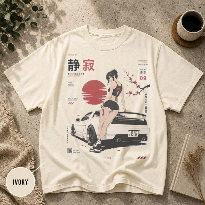 Y2K JDM Anime-Shirt, T-Shirt mit dem Motiv „Silence Is Power“, Tokyo Racing Streetwear, Harajuku Streetwear. – Detail 4