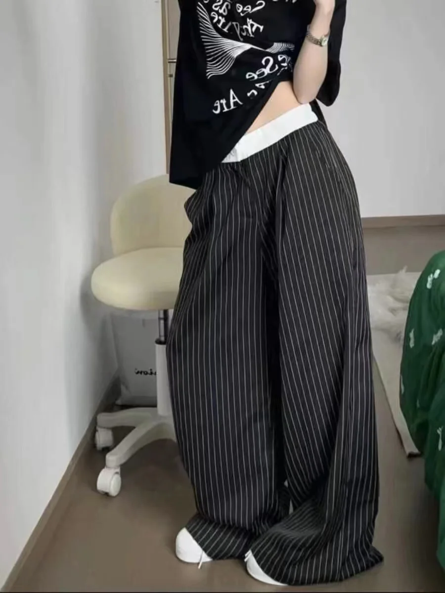 

Black Striped Suit Wide Leg Pants Women Korean Casual Oversize High Waisted Straight Trousers Summer Commuter Baggy Floor Pants