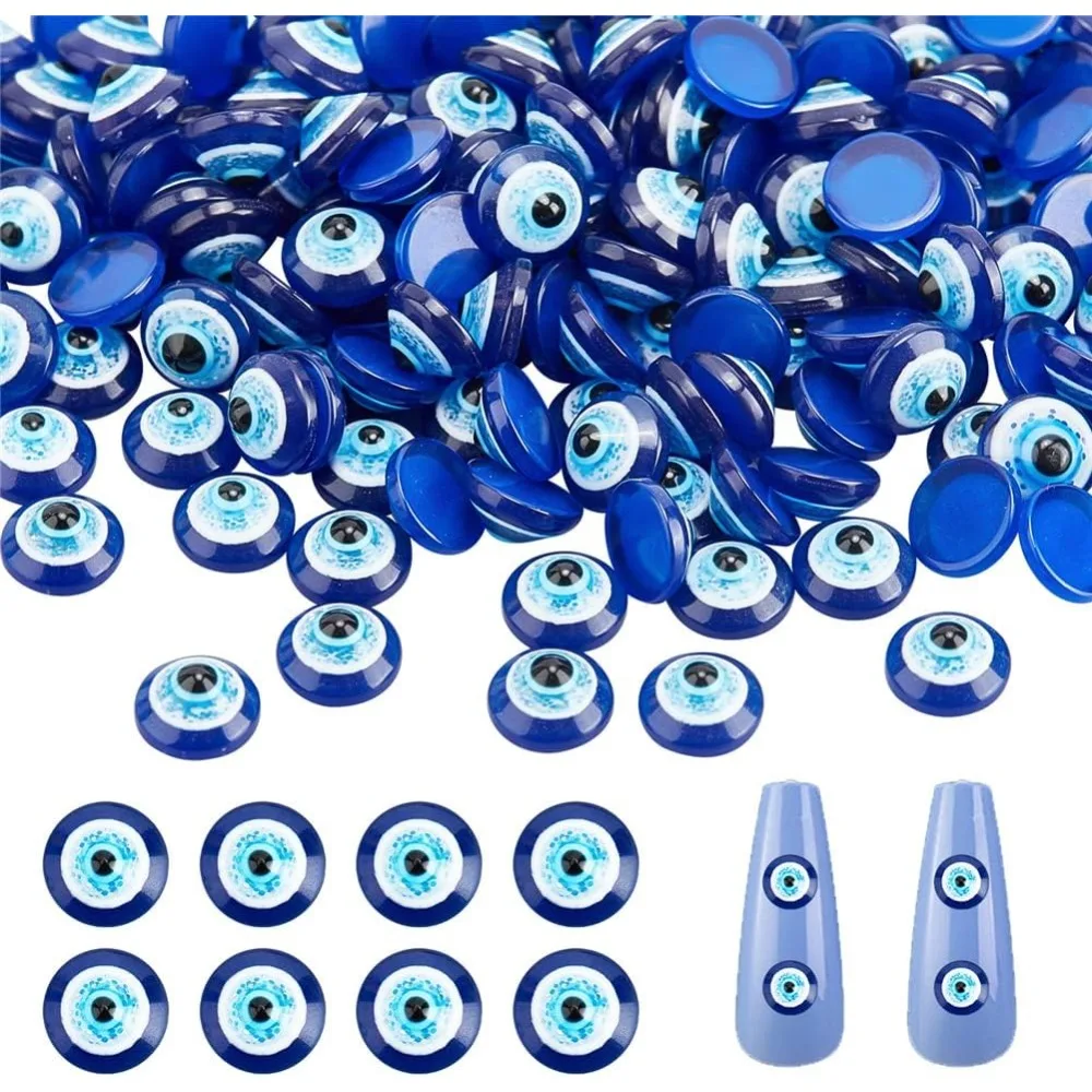 Blue Evil Eye Beads 200pcs Evil Eye Nail Charms 6mm Resin Round Flatback Time Gem Cover Glass Cabochon Dome Evil Eye