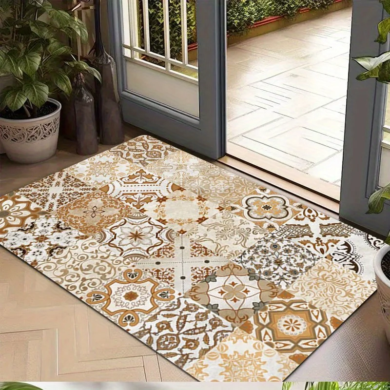 Bohemian Mandala Tile Doormat Beige Gold Geometric Print For Entryway Living Room And Outdoor Patio Use