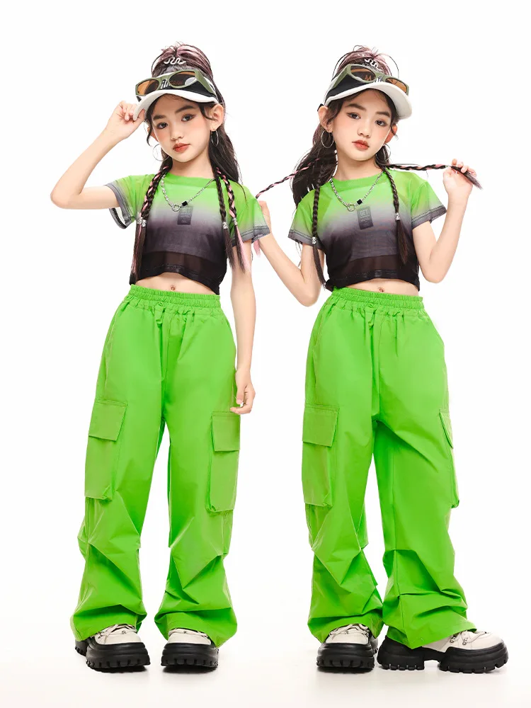 Kinderen Cool Hiphop Semi-Transparante Mesh Crop Top T-Shirt Groen Casual Cargobroek Met Ruches Voor Meisjes Jazz Dans Kostuum Kleding