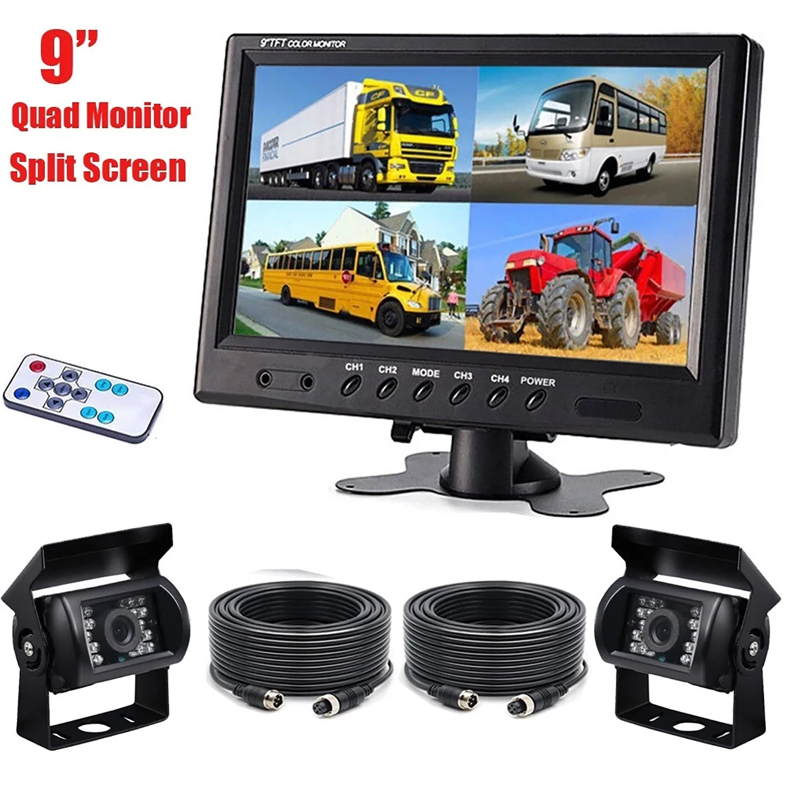 

Lastbus 9" Quad Monitor Split Screen 2x IR CCD Rear View Backup Cameras+2x 10m 4PIN Extension Cable 12/24v For Truck Van