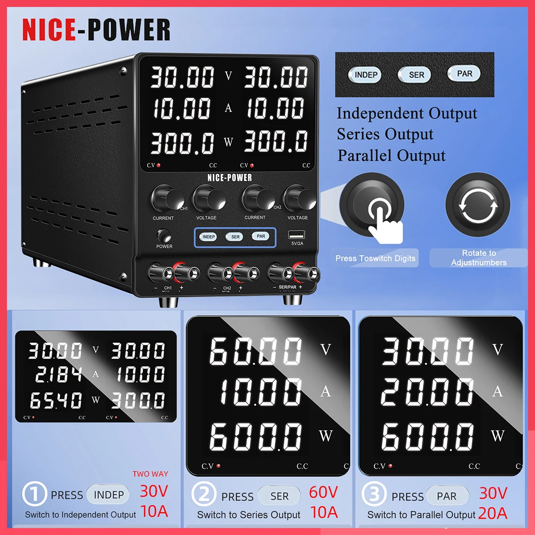 

Dual-Channel DC Power Supply Adjustable 3 Channel 30V10A Lab Bench Power Source 60V5A Multiple Output Series Parallel Connection