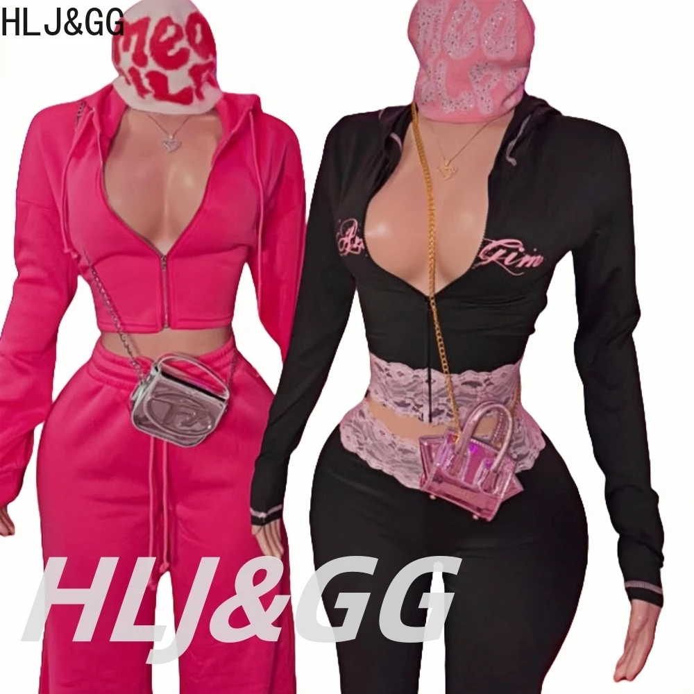 HLJ&GG Black Y2K Letter Printing Hooded Lace Splicing Two Piece Sets Women Zipper Long Sleeve Slim Top And Pants Outfits 2025