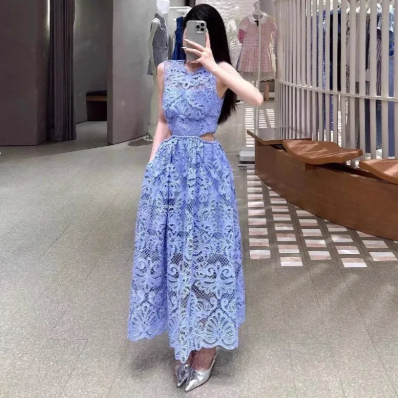 

Синее кружевное элегантное платье с вырезами, женское винтажное платье без рукавов с высокой талией, женский дизайн для подиума, роскошные облегающие платья