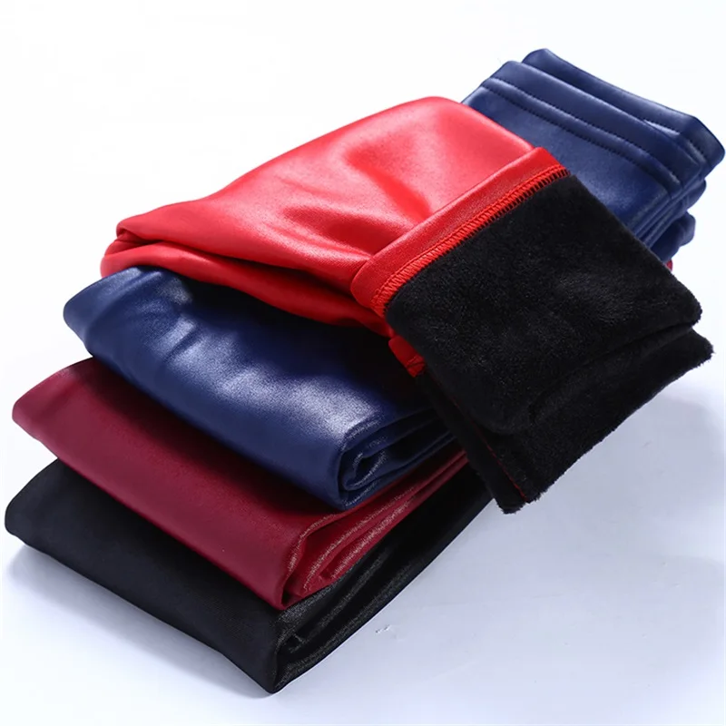 Girls Autumn Winter Leggings for Kids Children PU Leather Pencil Pants Kids Girl Skinny Black Leather Leggings Warm Trousers