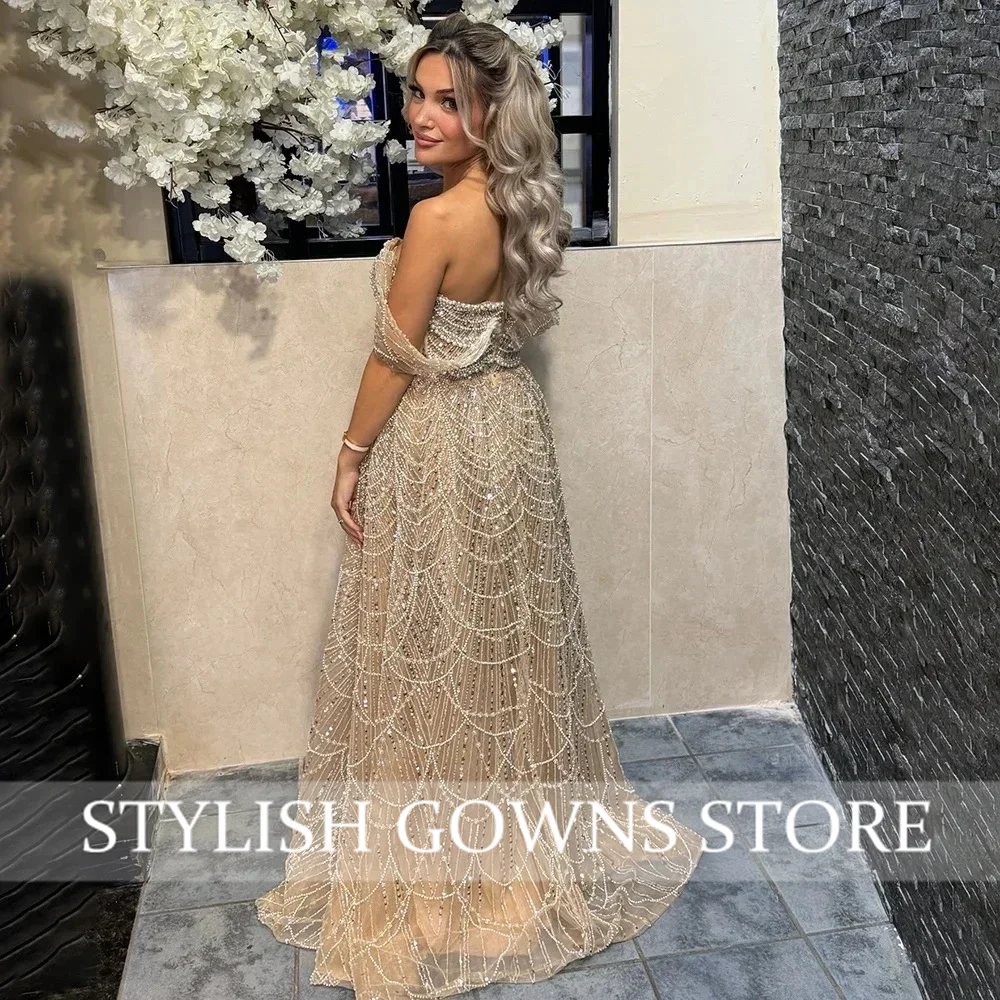 Elegant Pearls Aline Evening Celebrity Dress for Women 2025 Off the Shoulder Long Formal Prom Wedding Party Gowns Customized