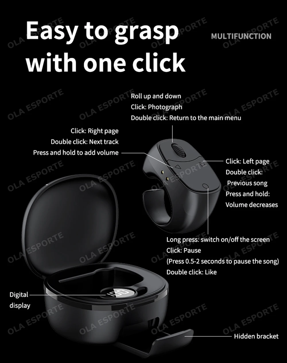 Fernbedienung Kabelloser Bluetooth-Rollring für Fingerspitzen, tragbare mobile Maus, Video-Automatik-Seitenwechsler, Browsing-Ring R12 – Detail 19