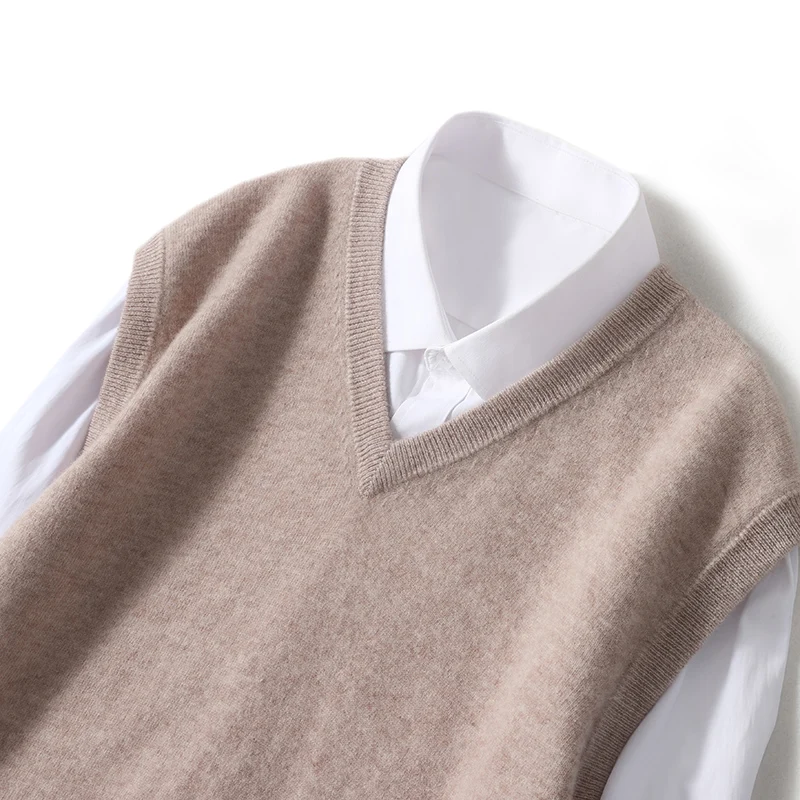 100% Merino Wool Knitted Men's Base Sweater Solid Color Sleeveless Pullover Sweater V-Neck Business Casual Vest Autumn Winter