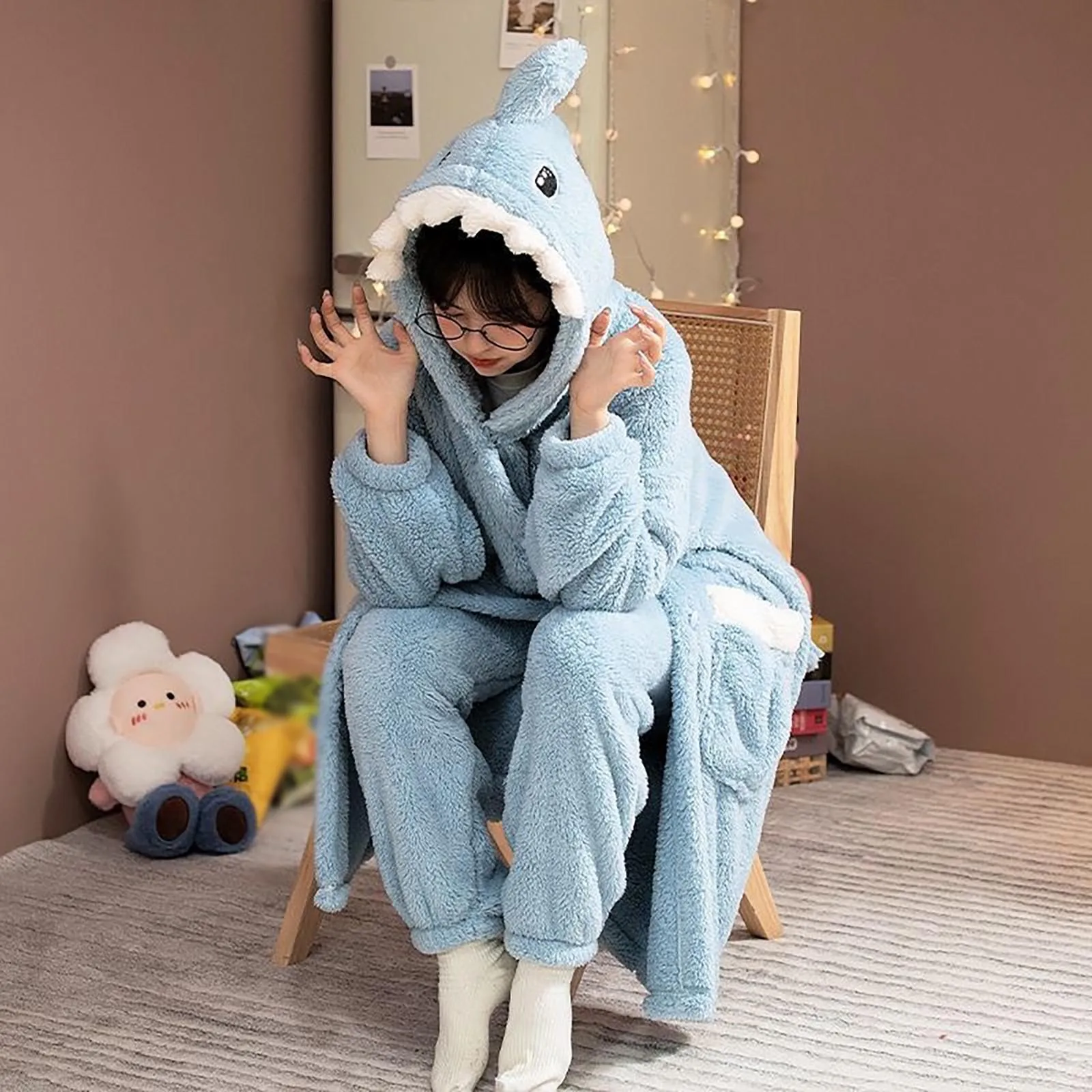 Cartoon Cute Shark Women's Pajamas Flannel Hooded Sleepwear Pijama jumpsuit Female Cute Pyjamas Xmas Party Loungewear