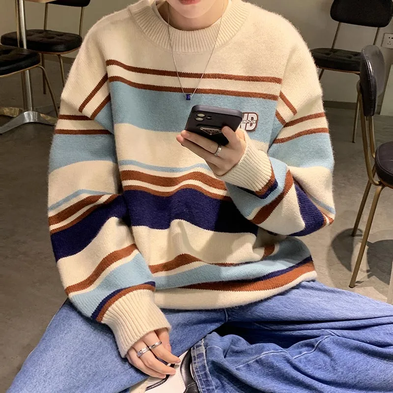 

Мужской свободный свитер с круглым вырезом, вязаный, в полоску, повседневная верхняя одежда для подростков, осень 2024, новинка, удобный, в стиле кэжуал