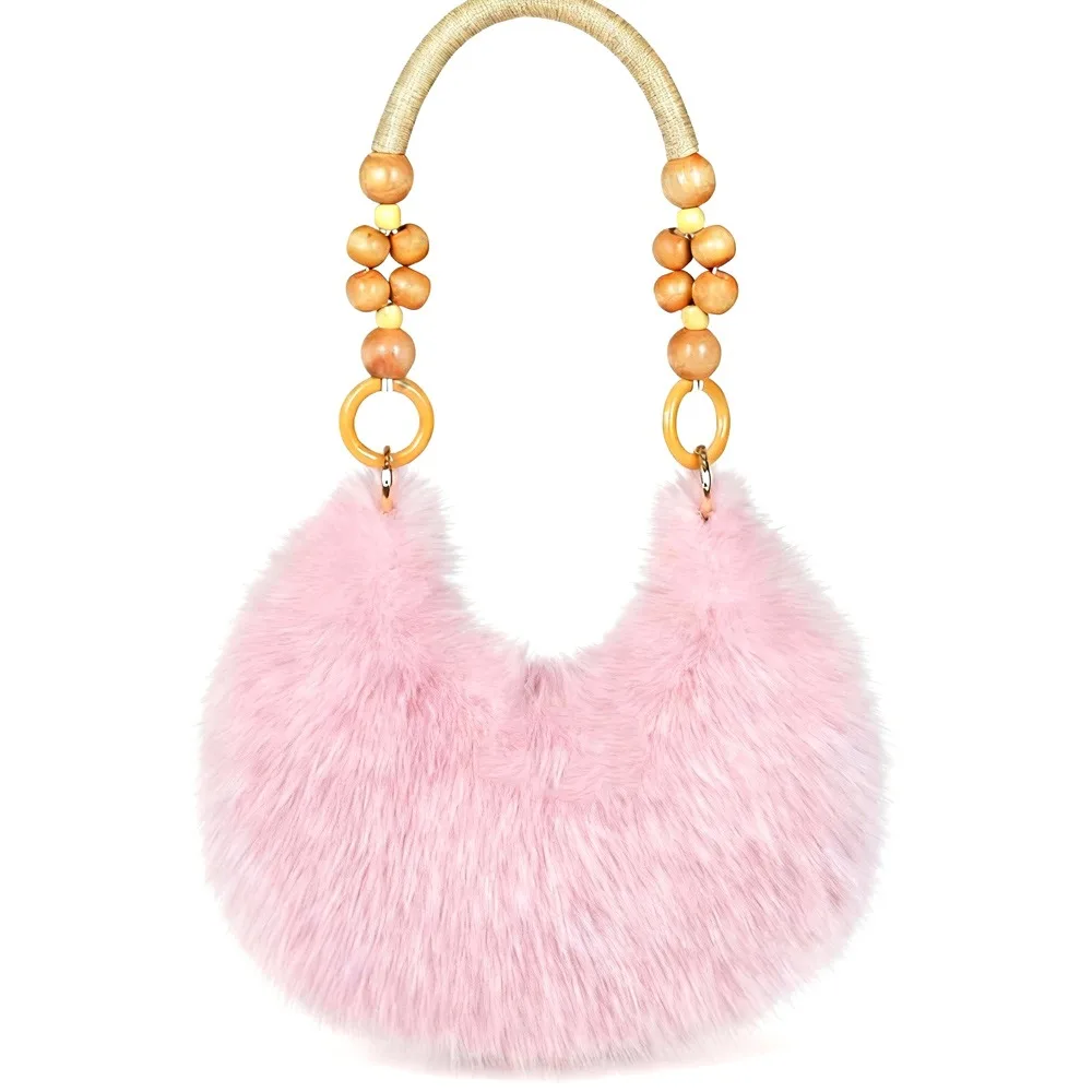 

Retro Multicolor Furry Handbag Beads-Chain Handle Soft Tote Bag Faux Fur Oval Underarm Bag Party