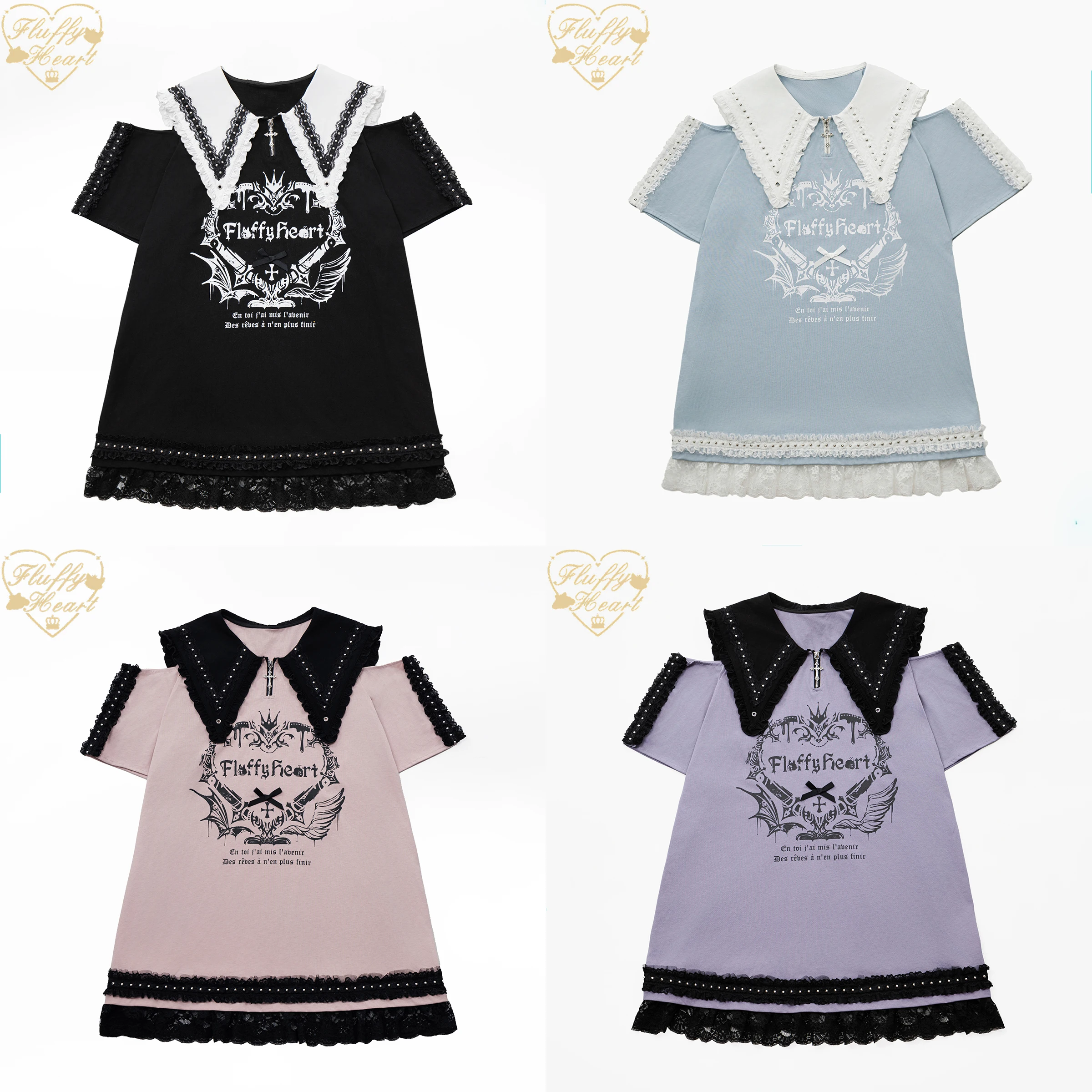 Japońska Kolekcja Gotycka Subkultura Lalka Kołnierz Krótki Rękaw Drukowana Koronka Łączenie Luźna Codzienna Długa Koszulka Damska Letnia Sukienka