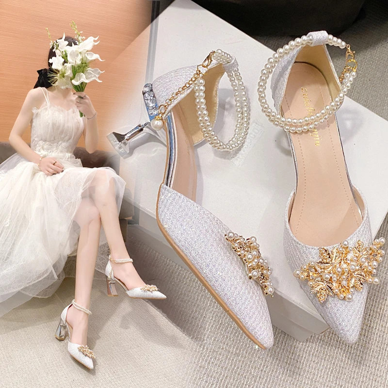 Fashion Pearl Wedding Shoes for Bride Pointed Toe Ankle Strap Thin Heels Pumps Women Luxury Crystal High Heeled Bridal Shoes