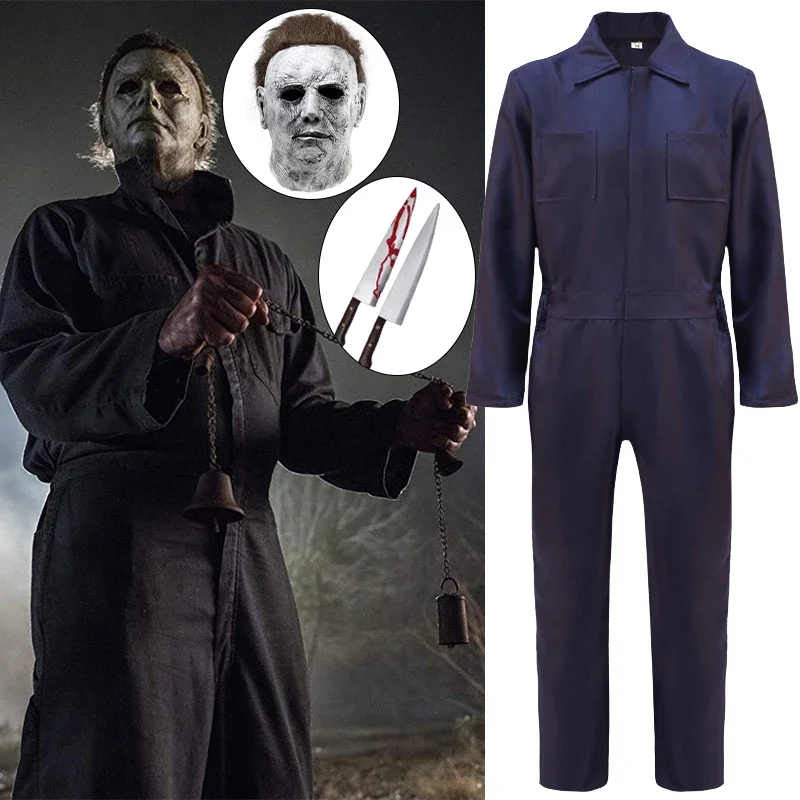 Filme terror Michael Myers Cosplay Traje, Horrible Latex Ghost Mask, Halloween Uniforme para homens adultos