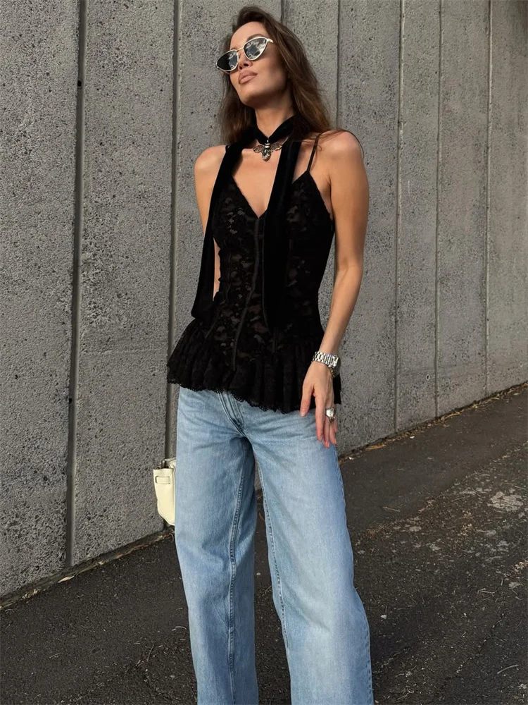 

Tossy Black Lace Printed Tank Top For Women Ruffled V-Neck Backless Spaghetti Patchwork Elegant Y2k Top Female Sexy Lace Vest