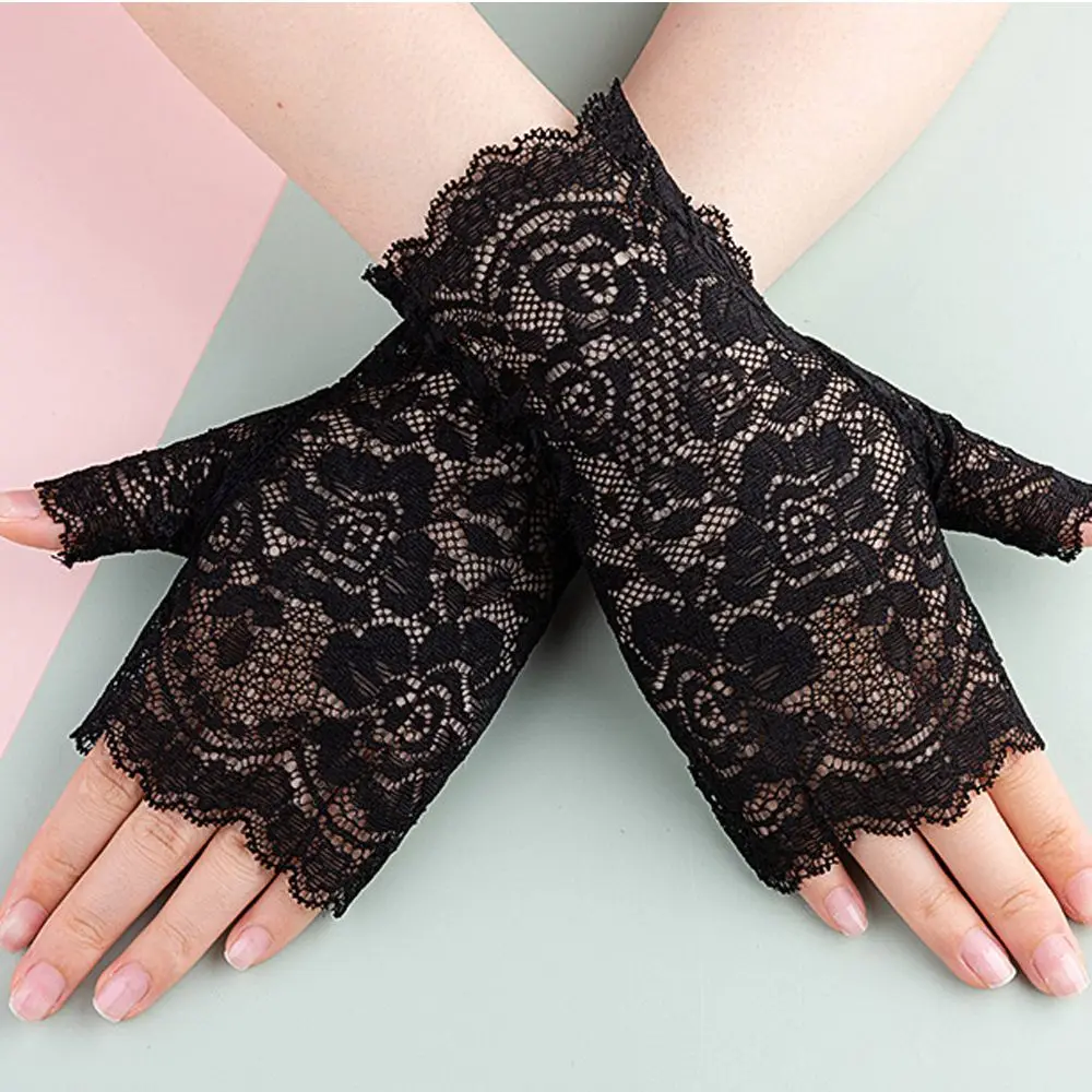 

Fingerless Summer Solid Color Protection Sunscreen Outdoor Silk Mittens Short Bridal Gloves Lace Gloves Women Gloves