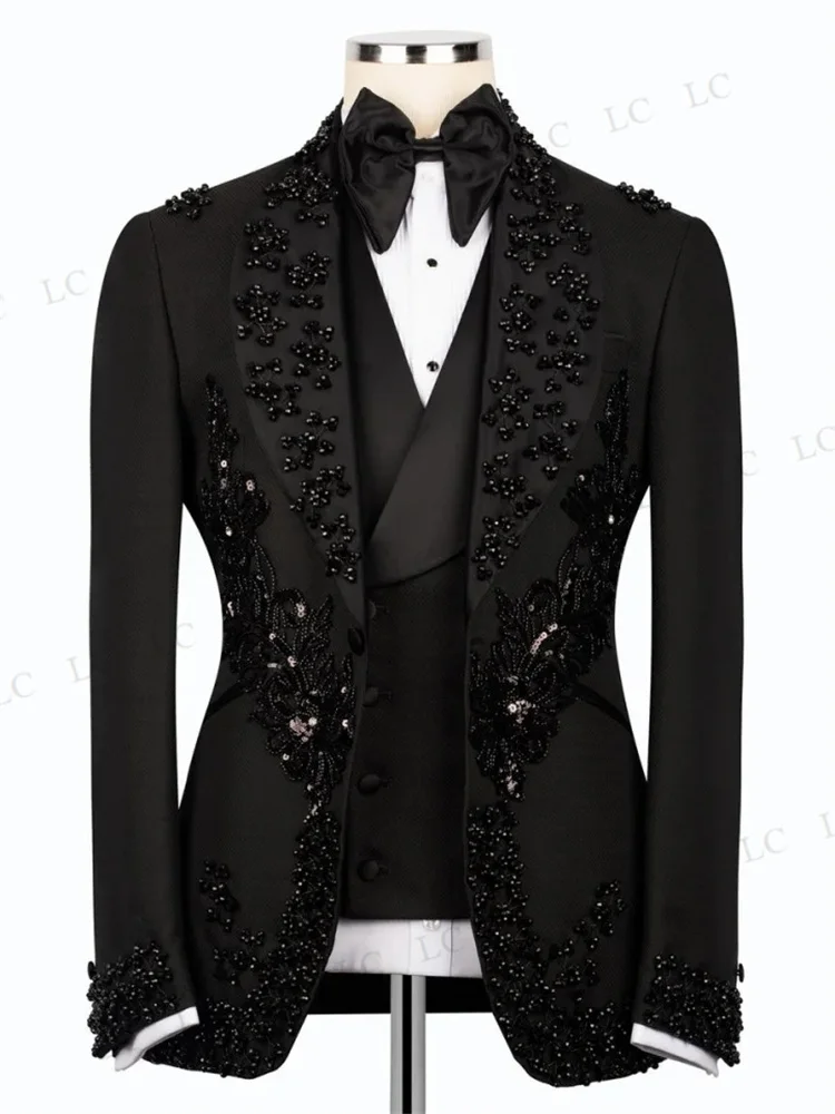Modern Beads Appliques Slim Men Suits 3 Pieces Blazer Vest Pants One Button Prom Tuxedos Wedding Party Groom Plus Size Tailored