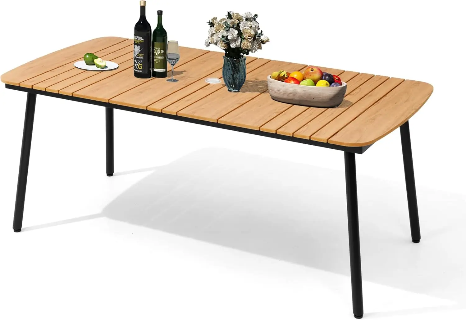 

70 Outdoor Dining Table for 6 Brown Patio Table with Umbrella Hole Rectangle Table with Aluminum Frame and Waterproof Wood