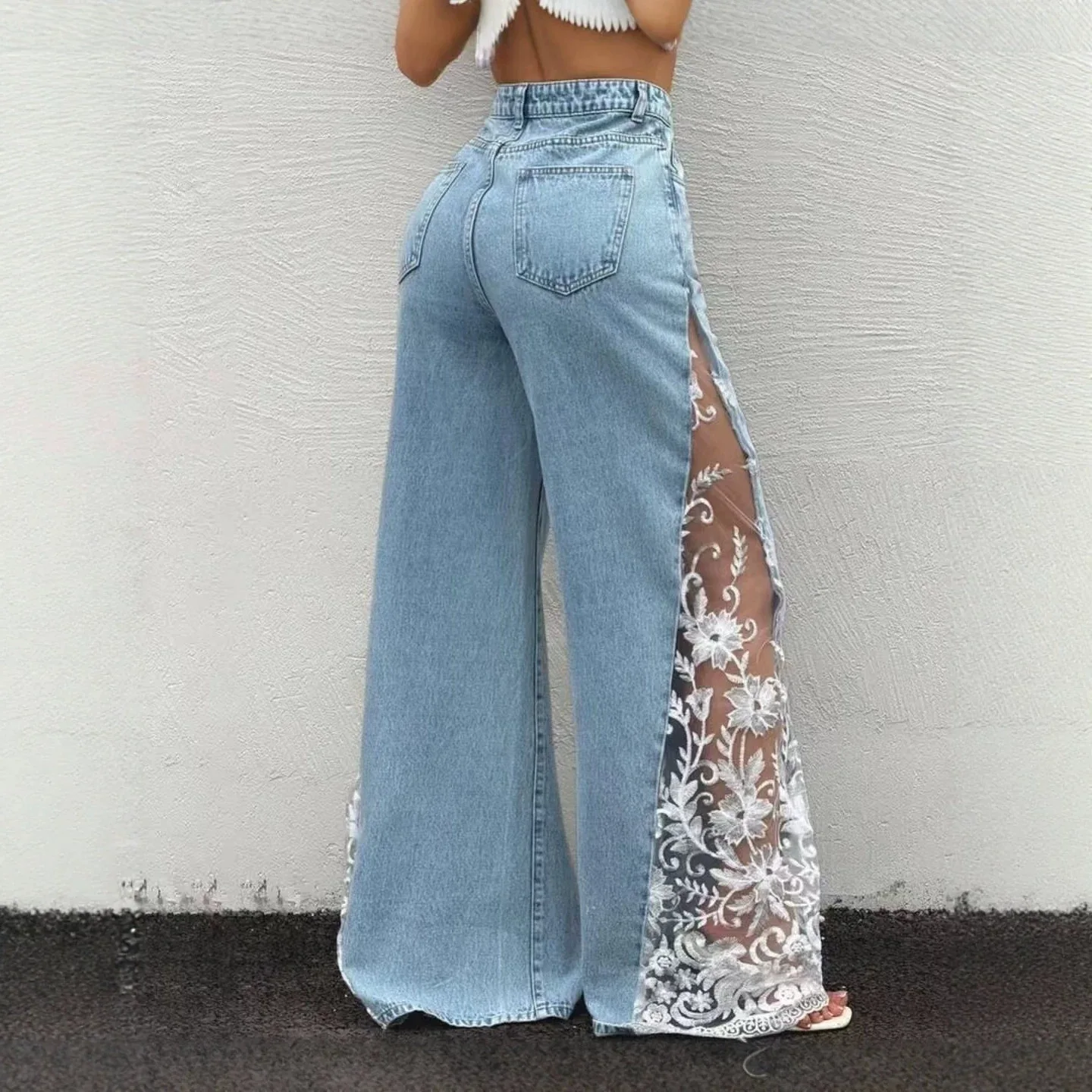 Women Blue Black Solid Color Super Strtchy Lace Spliced Loose Wide Leg Floor Length Elegant Casual Denim Trousers Female Jeans