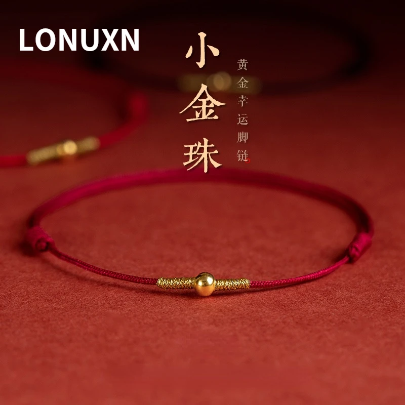 

High Quality Real 999 24k Yellow Gold Anklet Women Round Beads Anklets Good Luck Charms Weaving for Women Hand-woven Red Rope